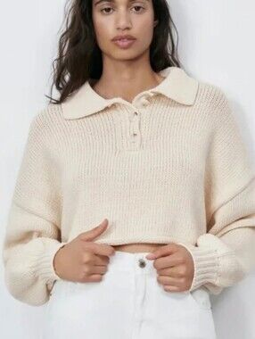 Zara Chunky Knit Cropped Half Button Sweater